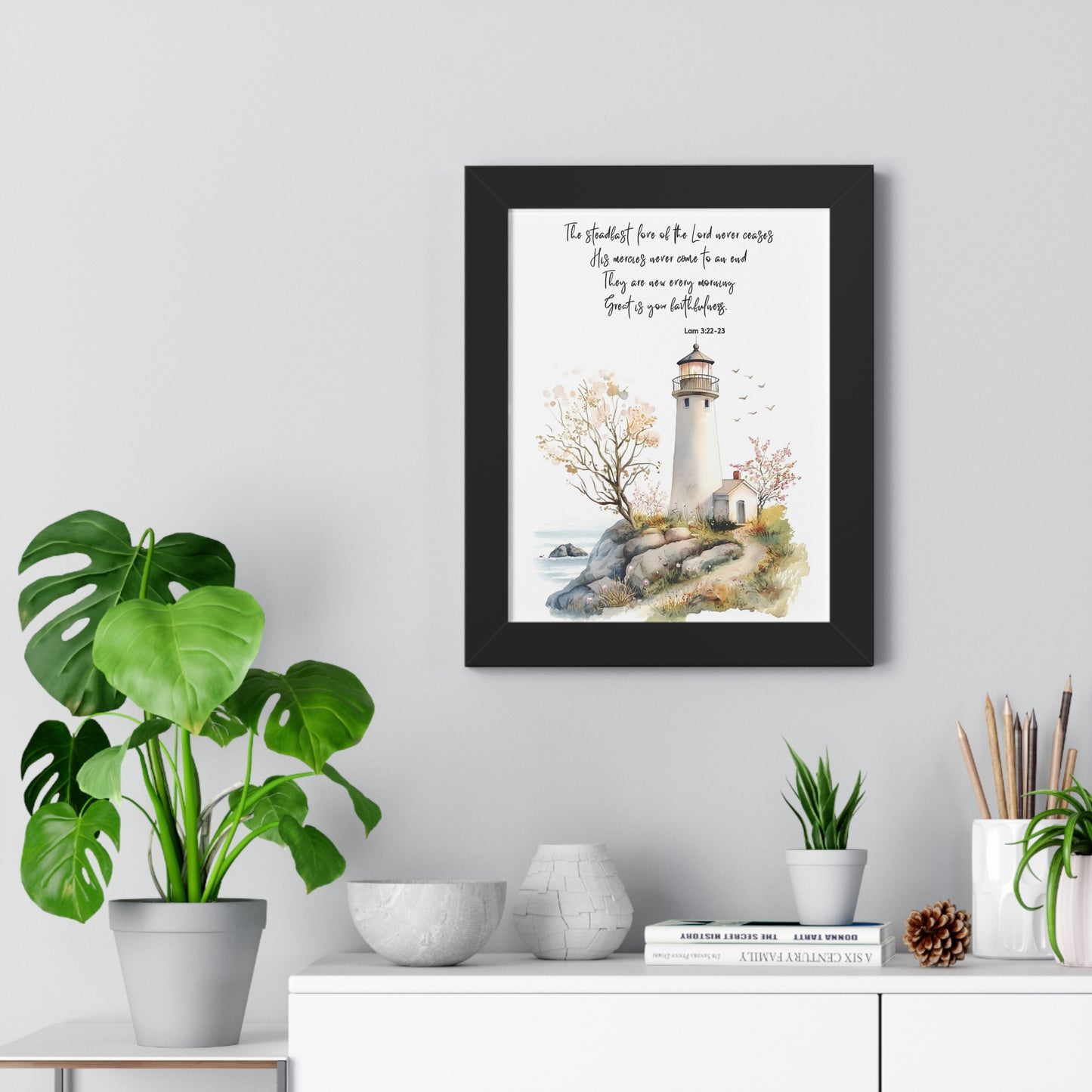 Serene Lighthouse Framed Canvas - Steadfast Love Of Lord, Scripture Wall Art, Bible Art Print