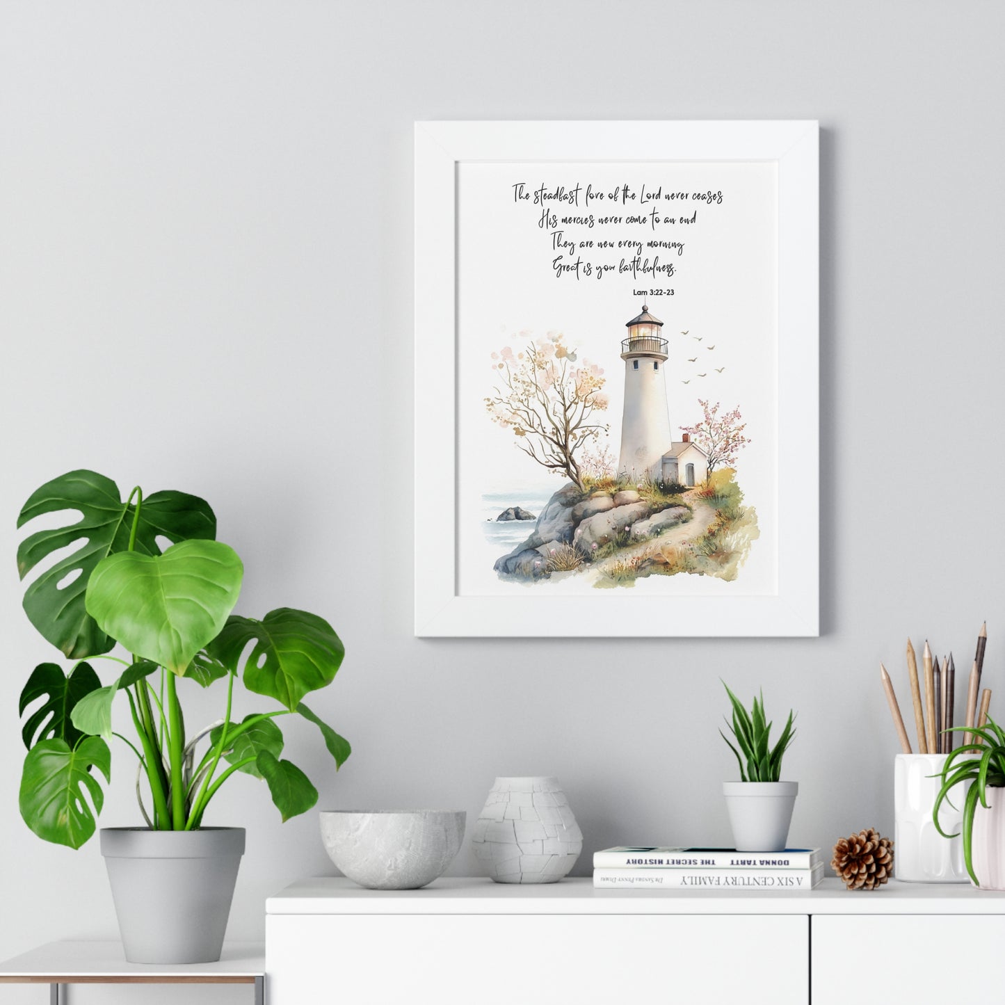 Serene Lighthouse Framed Canvas - Steadfast Love Of Lord, Scripture Wall Art, Bible Art Print