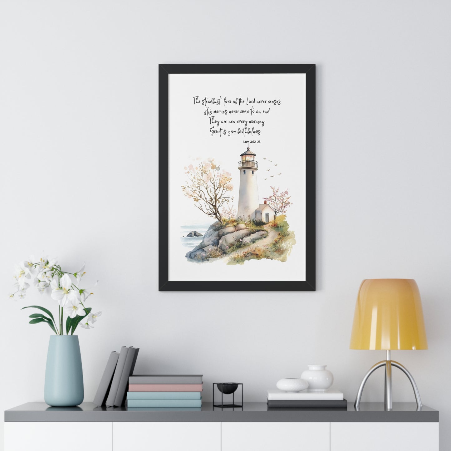 Serene Lighthouse Framed Canvas - Steadfast Love Of Lord, Scripture Wall Art, Bible Art Print