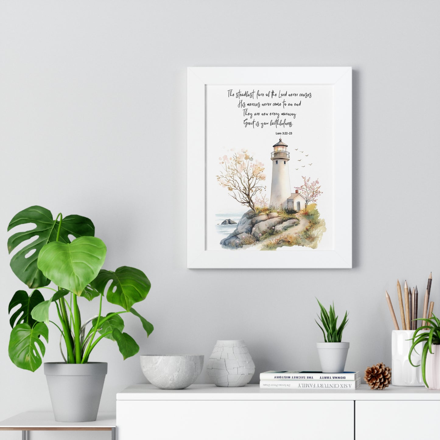 Serene Lighthouse Framed Canvas - Steadfast Love Of Lord, Scripture Wall Art, Bible Art Print