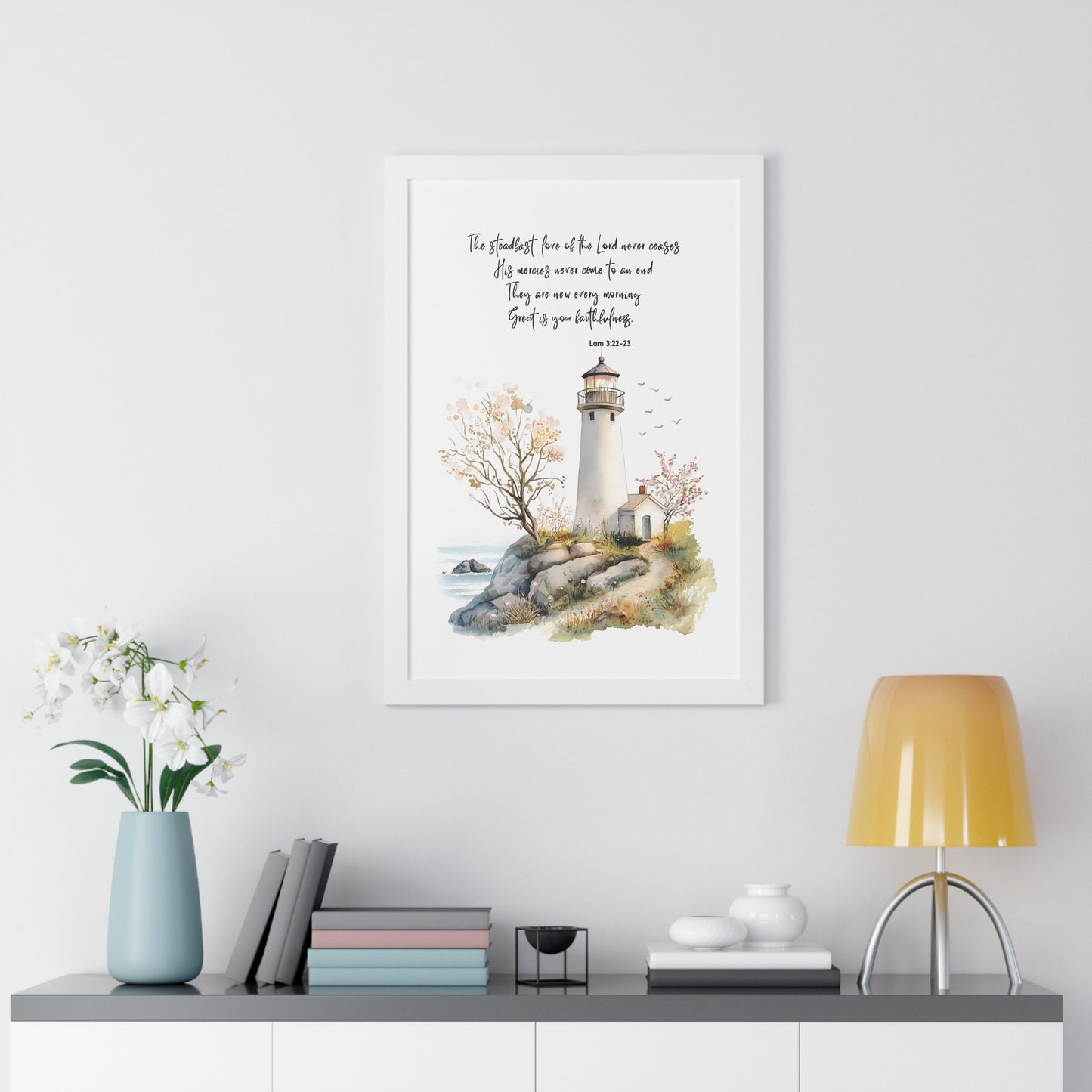 Serene Lighthouse Framed Canvas - Steadfast Love Of Lord, Scripture Wall Art, Bible Art Print