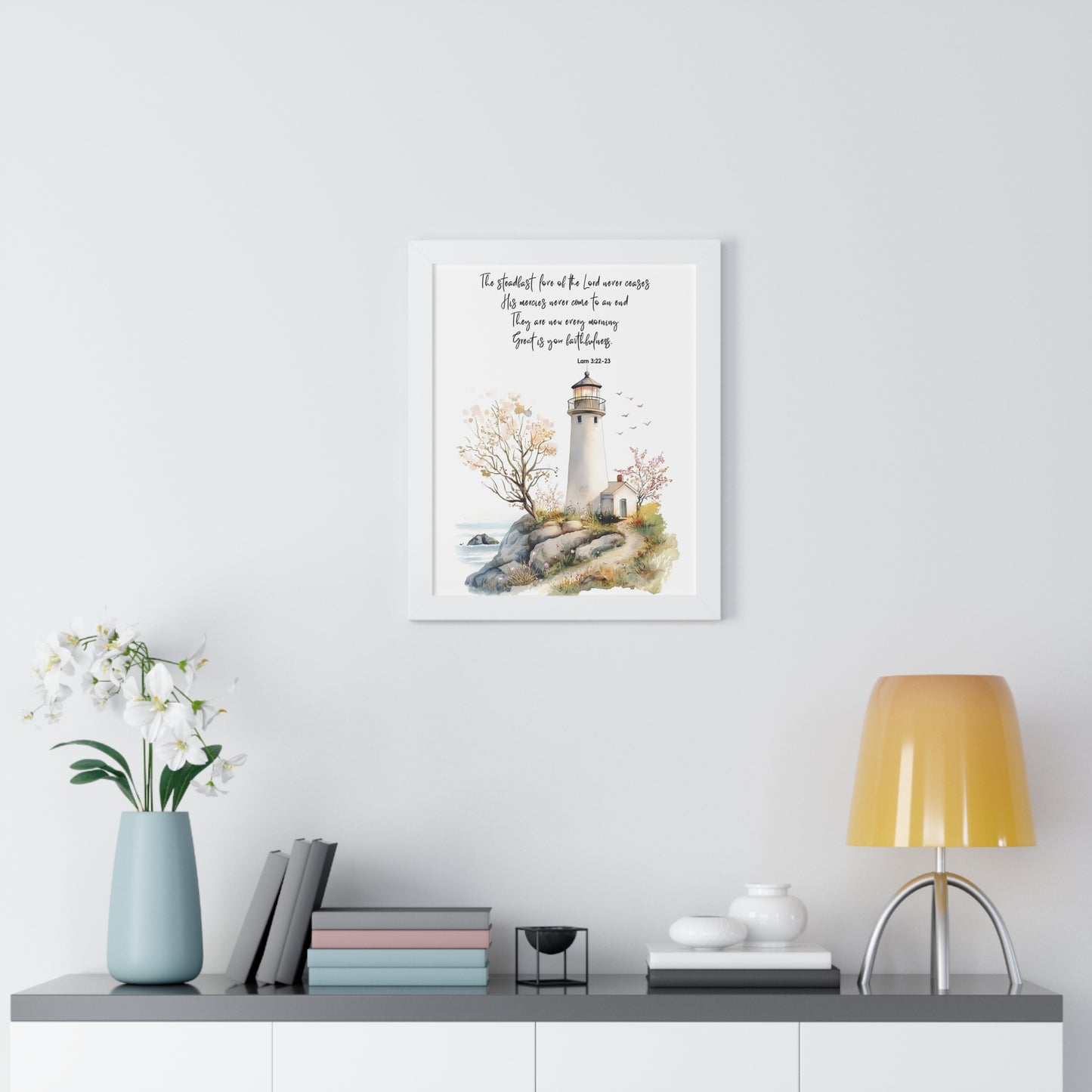 Serene Lighthouse Framed Canvas - Steadfast Love Of Lord, Scripture Wall Art, Bible Art Print