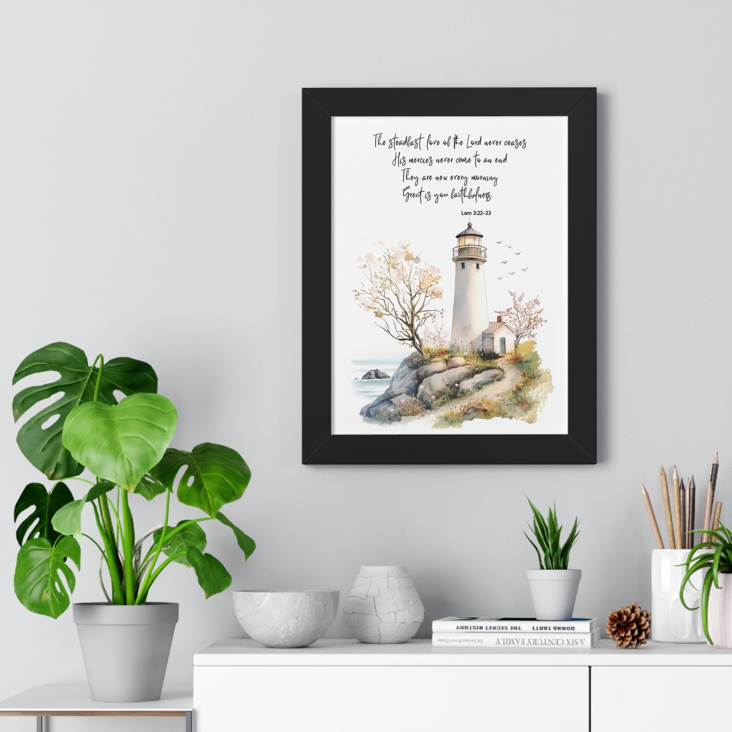 Serene Lighthouse Framed Canvas - Steadfast Love Of Lord, Scripture Wall Art, Bible Art Print