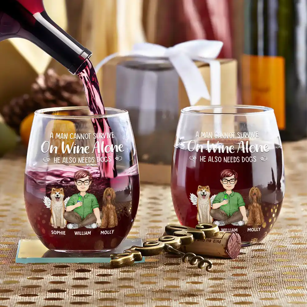 A Woman Cannot Survive On Wine Alone Dog Mom Dog Dad - Personalized Stemless Wine Glass