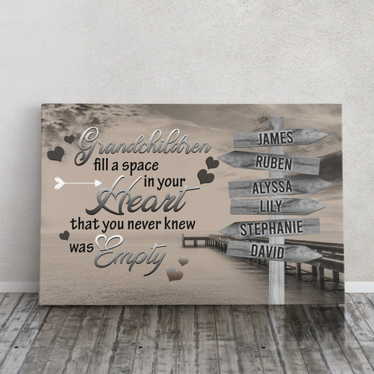 Grandchildren Fill a Space - 15 Names Boardwalk Canvas Print | Personalized Framed Canvas Art | Brown
