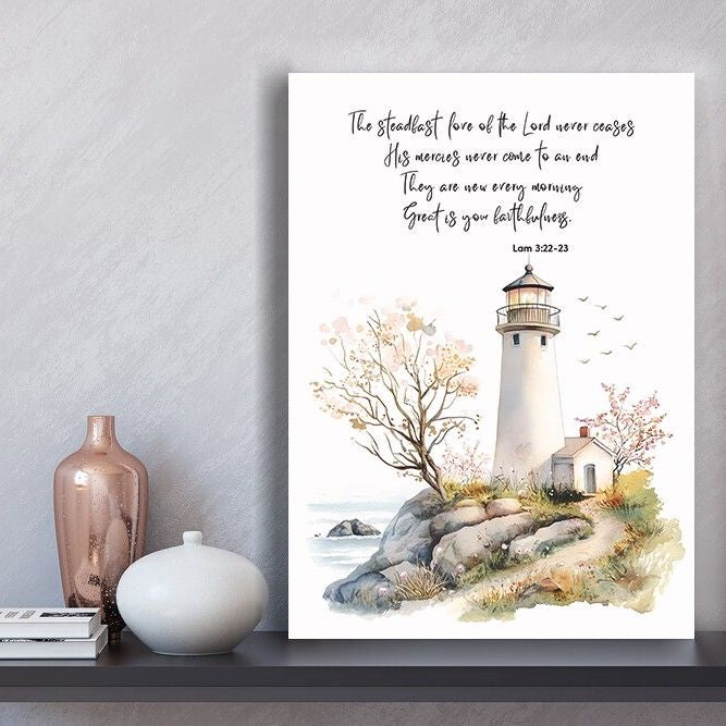 Bible Art Print Lighthouse Scripture, Lamentations 3, Steadfast Love Of Lord, Scripture Wall Art