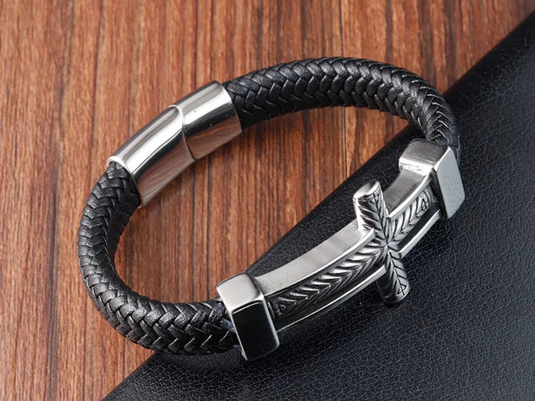 Crucifix Woven Genuine Leather Bracelet Christian Gift for Men