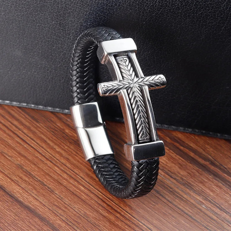 Crucifix Woven Genuine Leather Bracelet Christian Gift for Men