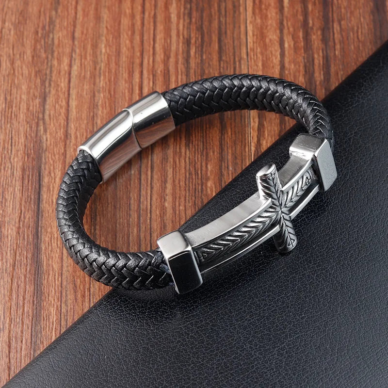 Crucifix Woven Genuine Leather Bracelet Christian Gift for Men