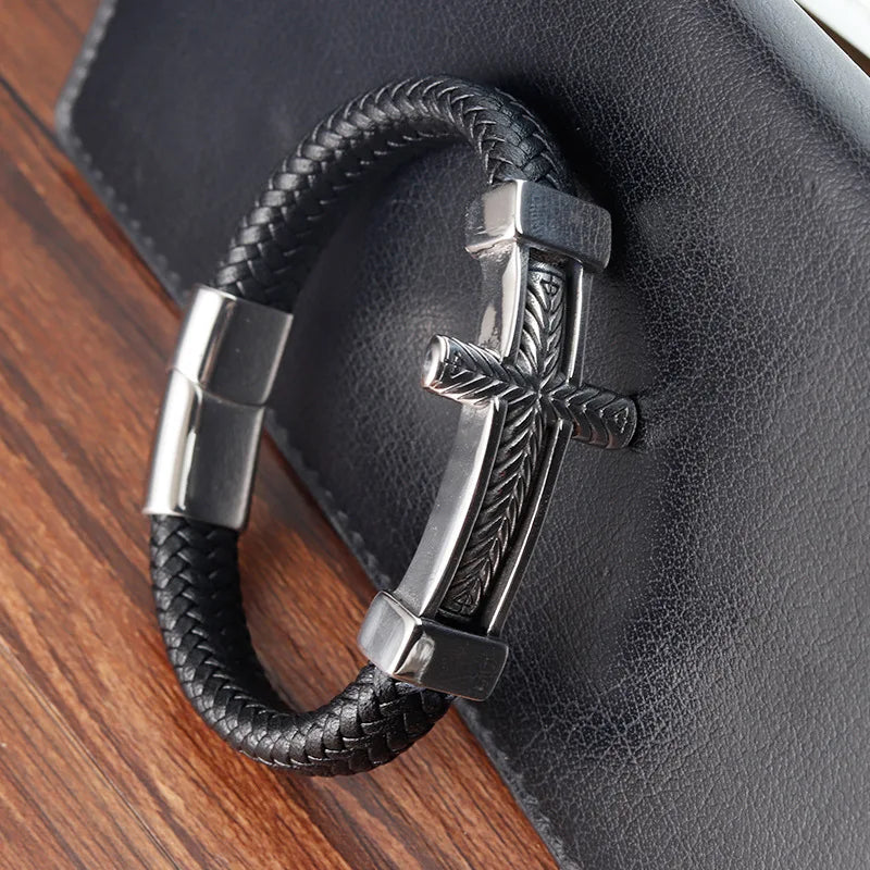 Crucifix Woven Genuine Leather Bracelet Christian Gift for Men