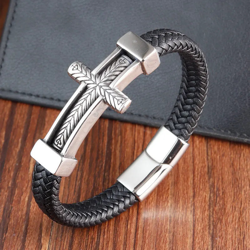 Crucifix Woven Genuine Leather Bracelet Christian Gift for Men