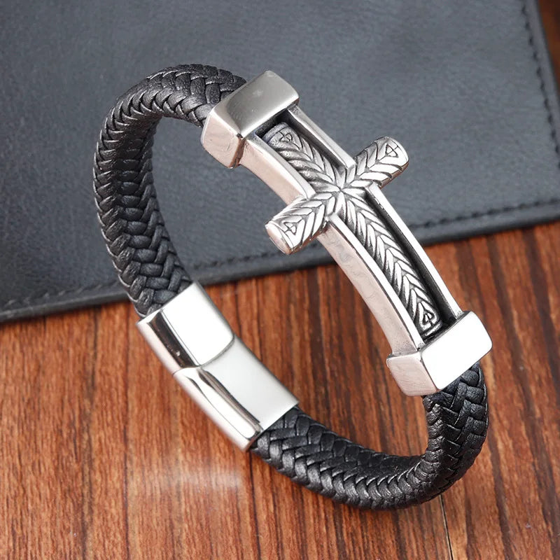 Crucifix Woven Genuine Leather Bracelet Christian Gift for Men