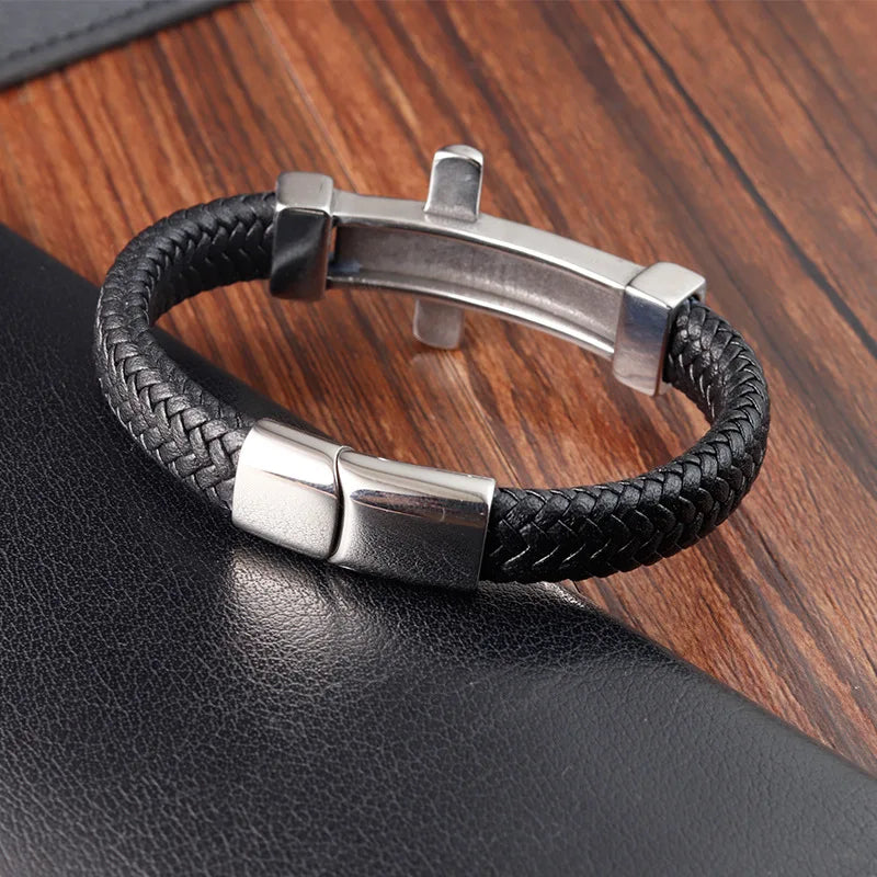 Crucifix Woven Genuine Leather Bracelet Christian Gift for Men