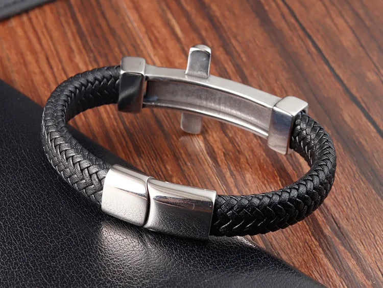 Crucifix Woven Genuine Leather Bracelet Christian Gift for Men