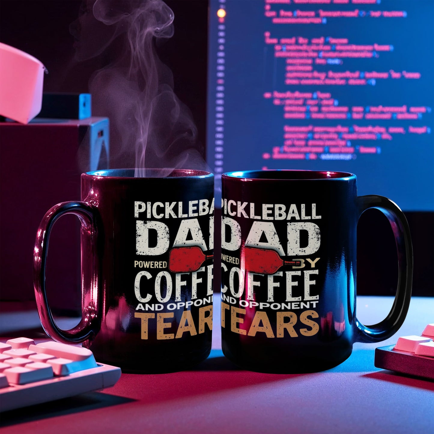 Pickleball Dad Powered by Coffee And Opponent Tears - 11 & 15 oz Black Mugs