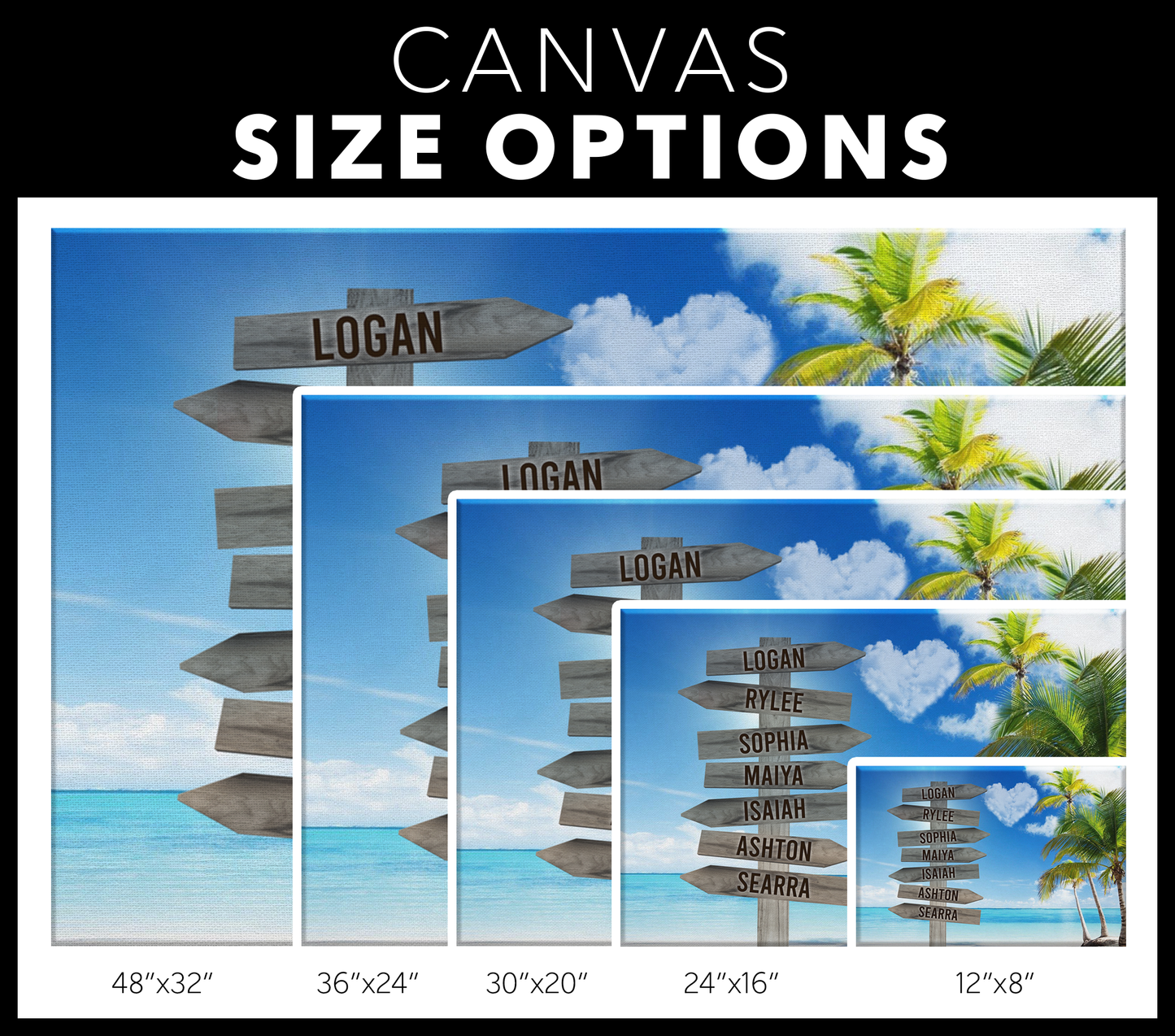 Beach Cloud Heart Family Names Signpost Canvas Print | Personalized Framed Canvas Art - Touch Of Divine
