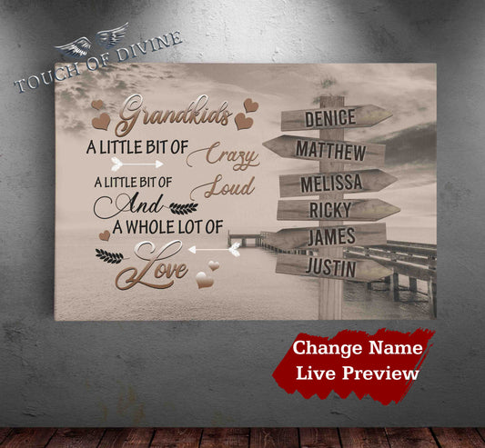 Grandkids 15 Names Boardwalk Canvas Print (Brown) | Personalized Framed Canvas Art - Touch Of Divine