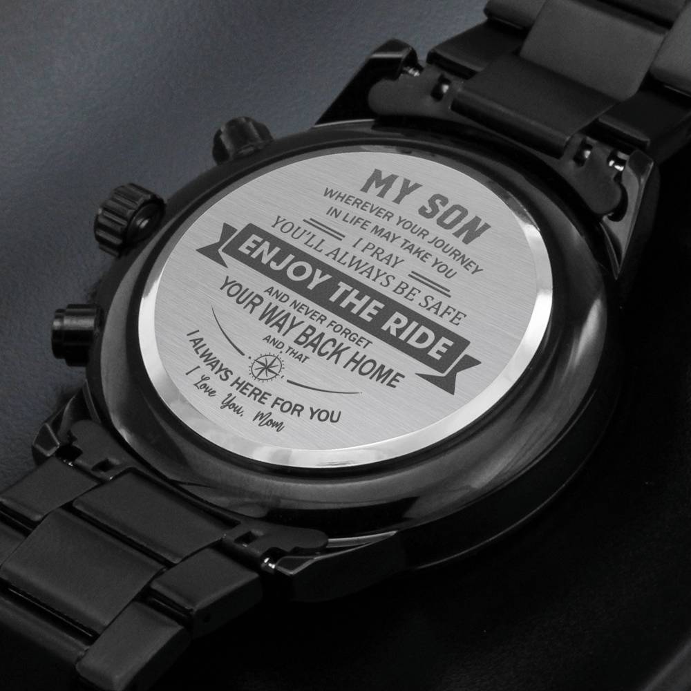Enjoy the Ride - Engraved Design Black Chronograph Watch - Touch Of Divine