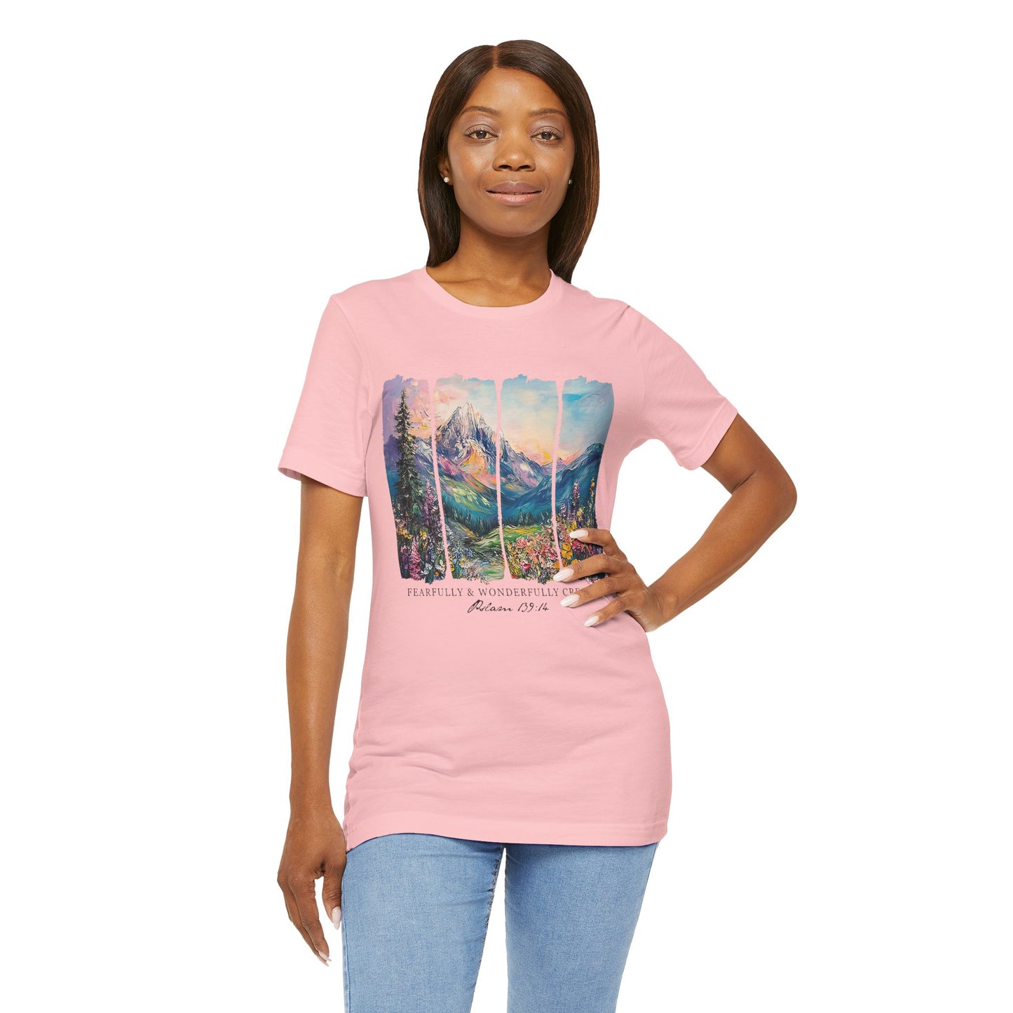 Wonderfully Tee - Peaceful Mountain Scene, Unisex T-Shirt, Nature Lover Apparel, Psalm 1:3 Inspired