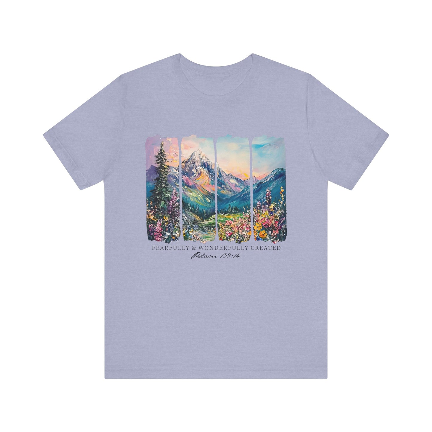 Wonderfully Tee - Peaceful Mountain Scene, Unisex T-Shirt, Nature Lover Apparel, Psalm 1:3 Inspired