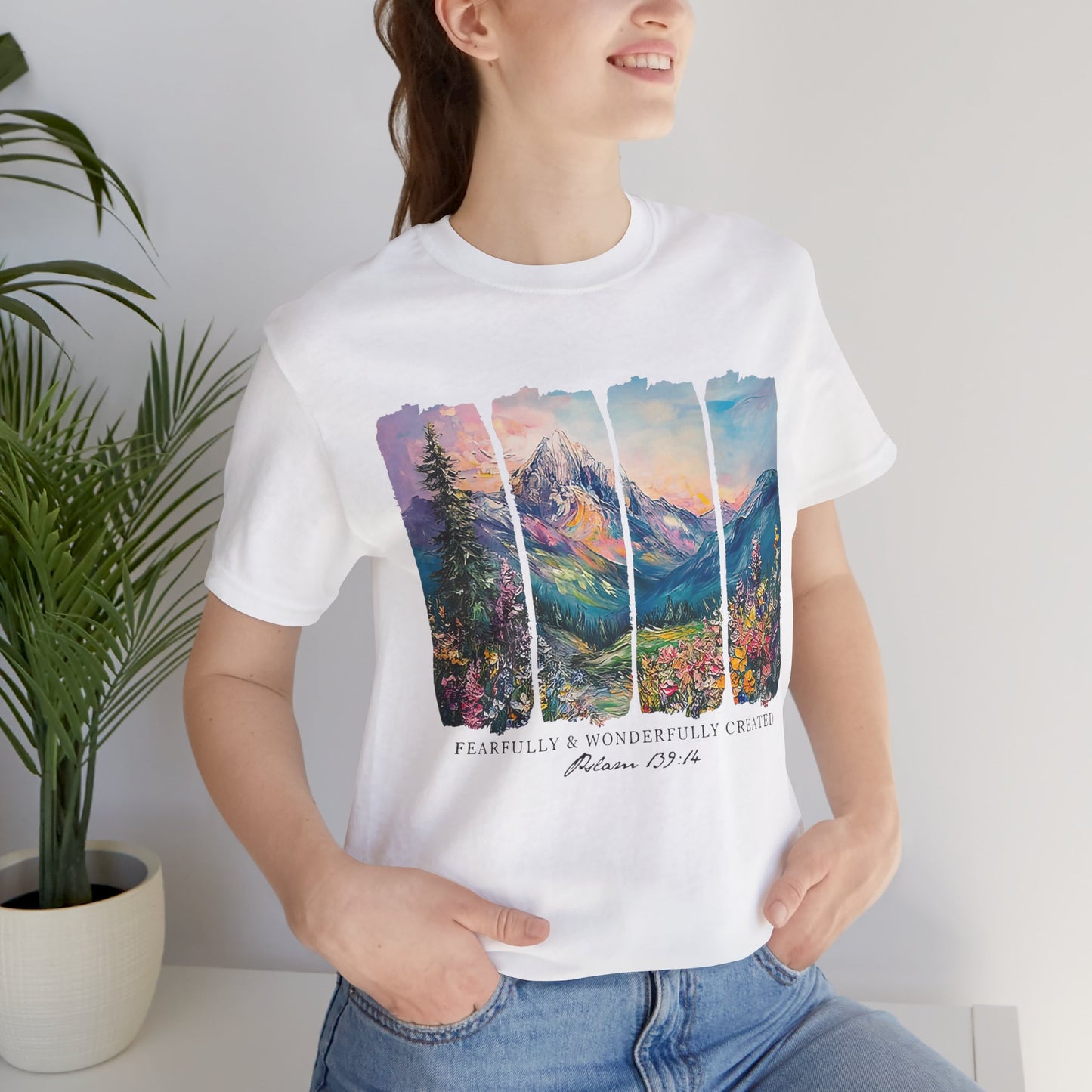 Wonderfully Tee - Peaceful Mountain Scene, Unisex T-Shirt, Nature Lover Apparel, Psalm 1:3 Inspired