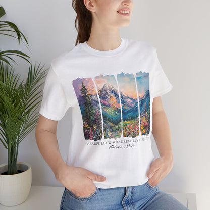 Wonderfully Tee - Peaceful Mountain Scene, Unisex T-Shirt, Nature Lover Apparel, Psalm 1:3 Inspired