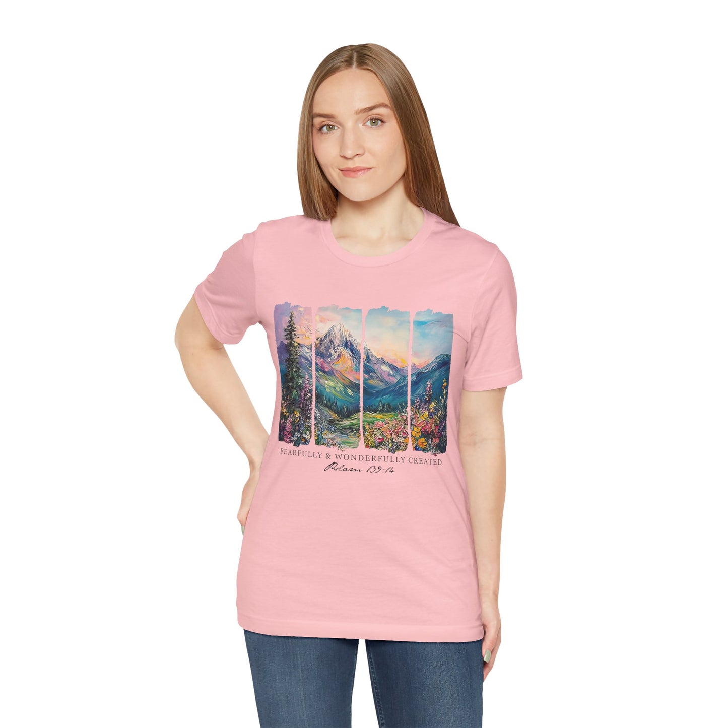 Wonderfully Tee - Peaceful Mountain Scene, Unisex T-Shirt, Nature Lover Apparel, Psalm 1:3 Inspired