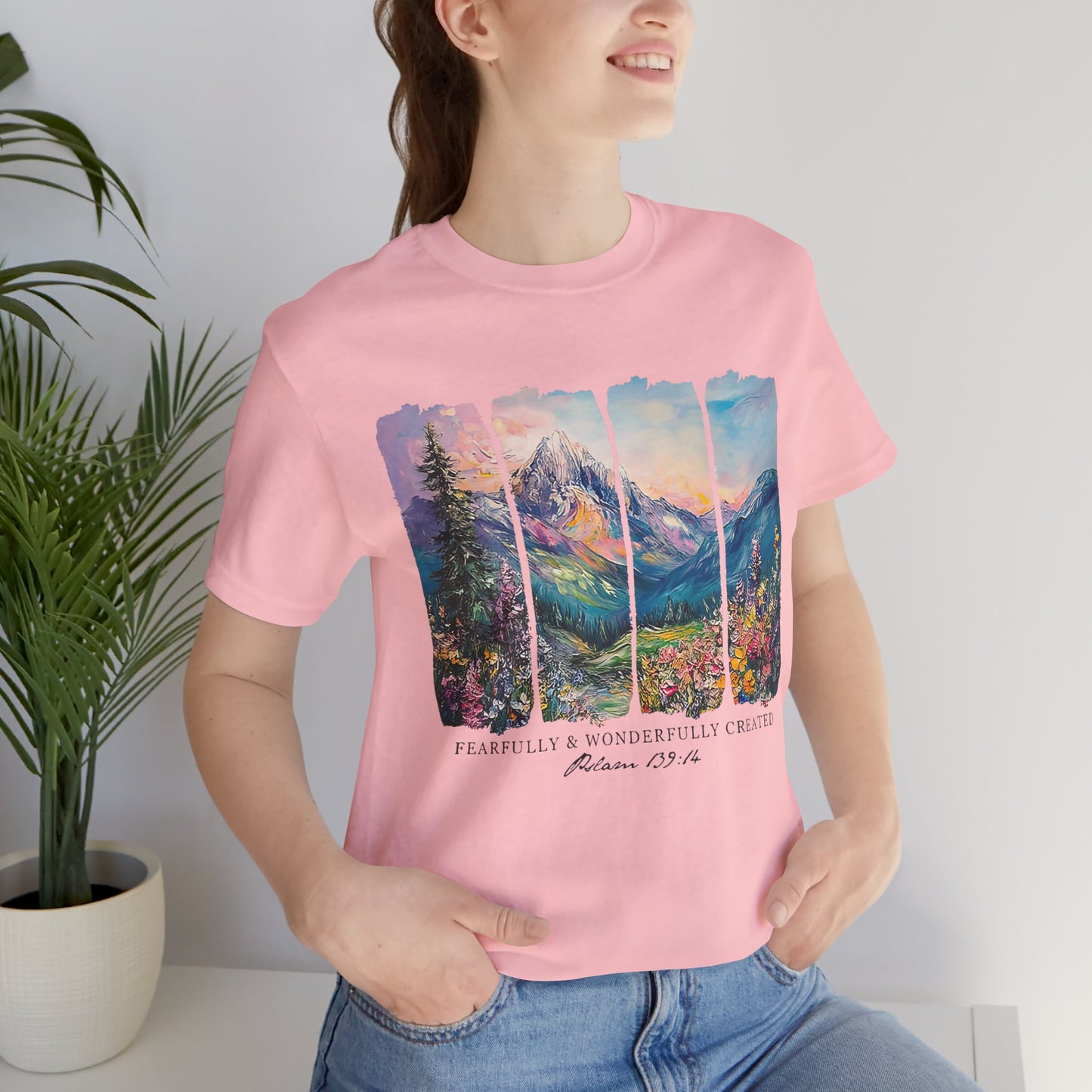 Wonderfully Tee - Peaceful Mountain Scene, Unisex T-Shirt, Nature Lover Apparel, Psalm 1:3 Inspired