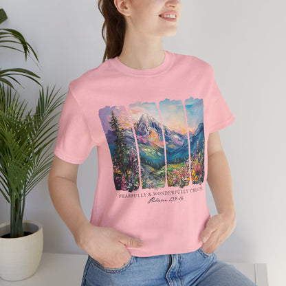 Wonderfully Tee - Peaceful Mountain Scene, Unisex T-Shirt, Nature Lover Apparel, Psalm 1:3 Inspired