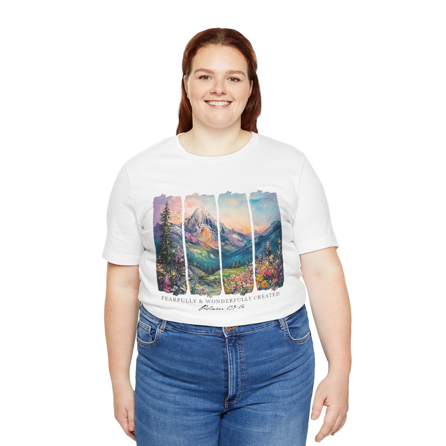 Wonderfully Tee - Peaceful Mountain Scene, Unisex T-Shirt, Nature Lover Apparel, Psalm 1:3 Inspired