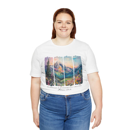 Wonderfully Tee - Peaceful Mountain Scene, Unisex T-Shirt, Nature Lover Apparel, Psalm 1:3 Inspired