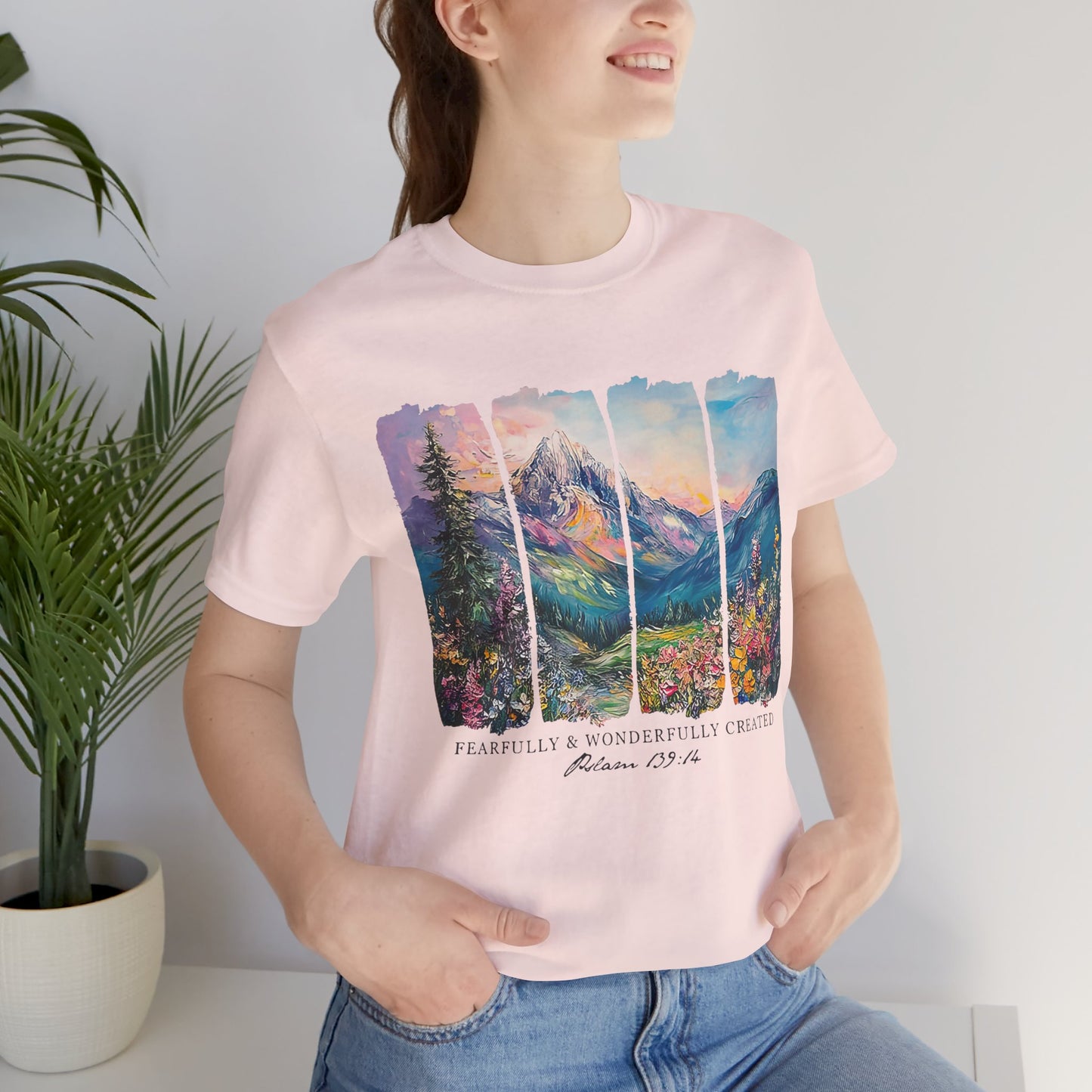 Wonderfully Tee - Peaceful Mountain Scene, Unisex T-Shirt, Nature Lover Apparel, Psalm 1:3 Inspired