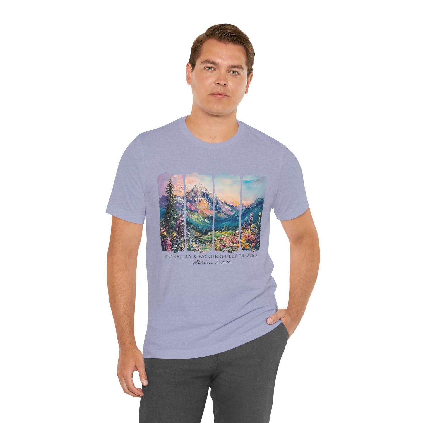 Wonderfully Tee - Peaceful Mountain Scene, Unisex T-Shirt, Nature Lover Apparel, Psalm 1:3 Inspired
