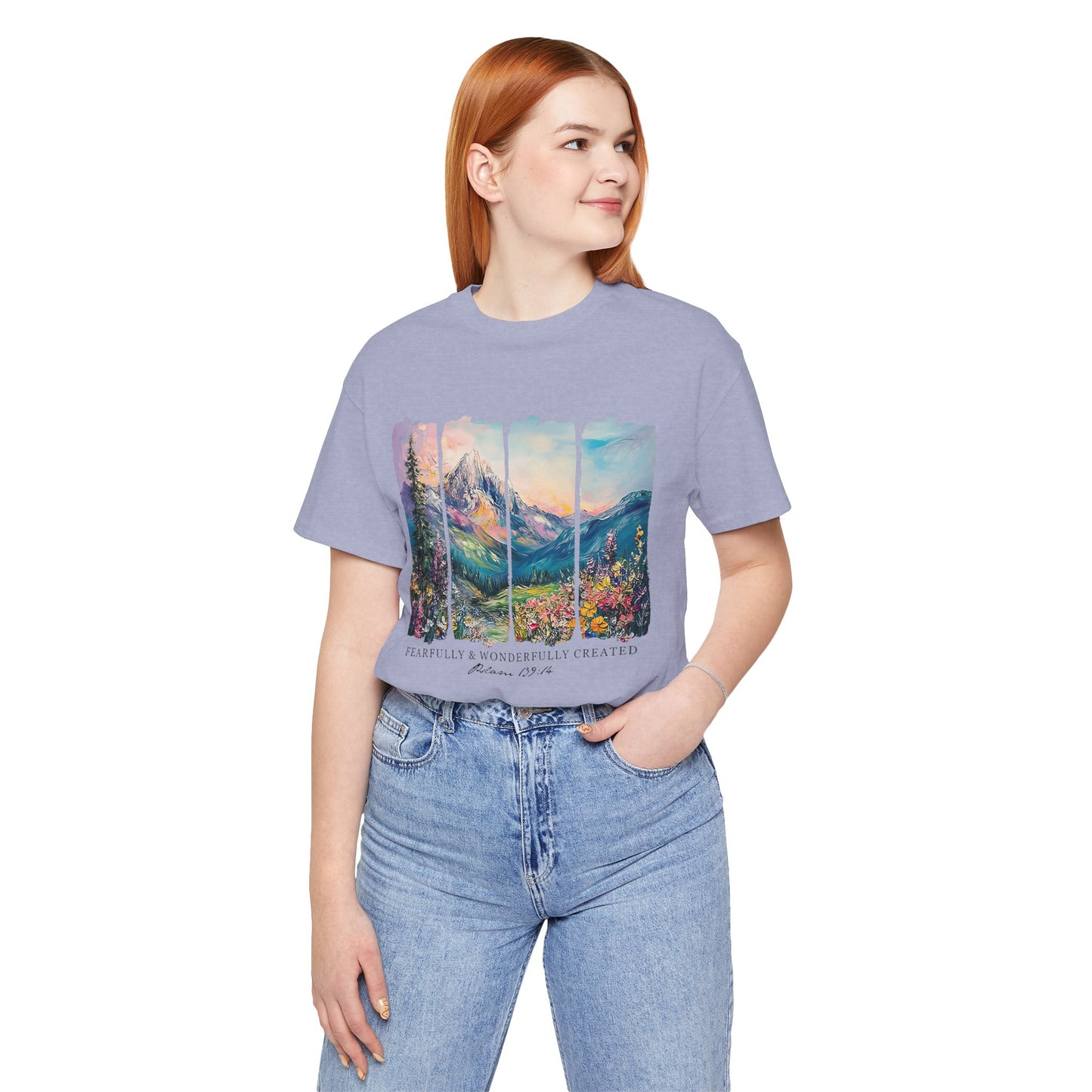 Wonderfully Tee - Peaceful Mountain Scene, Unisex T-Shirt, Nature Lover Apparel, Psalm 1:3 Inspired