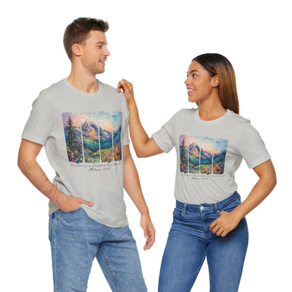 Wonderfully Tee - Peaceful Mountain Scene, Unisex T-Shirt, Nature Lover Apparel, Psalm 1:3 Inspired