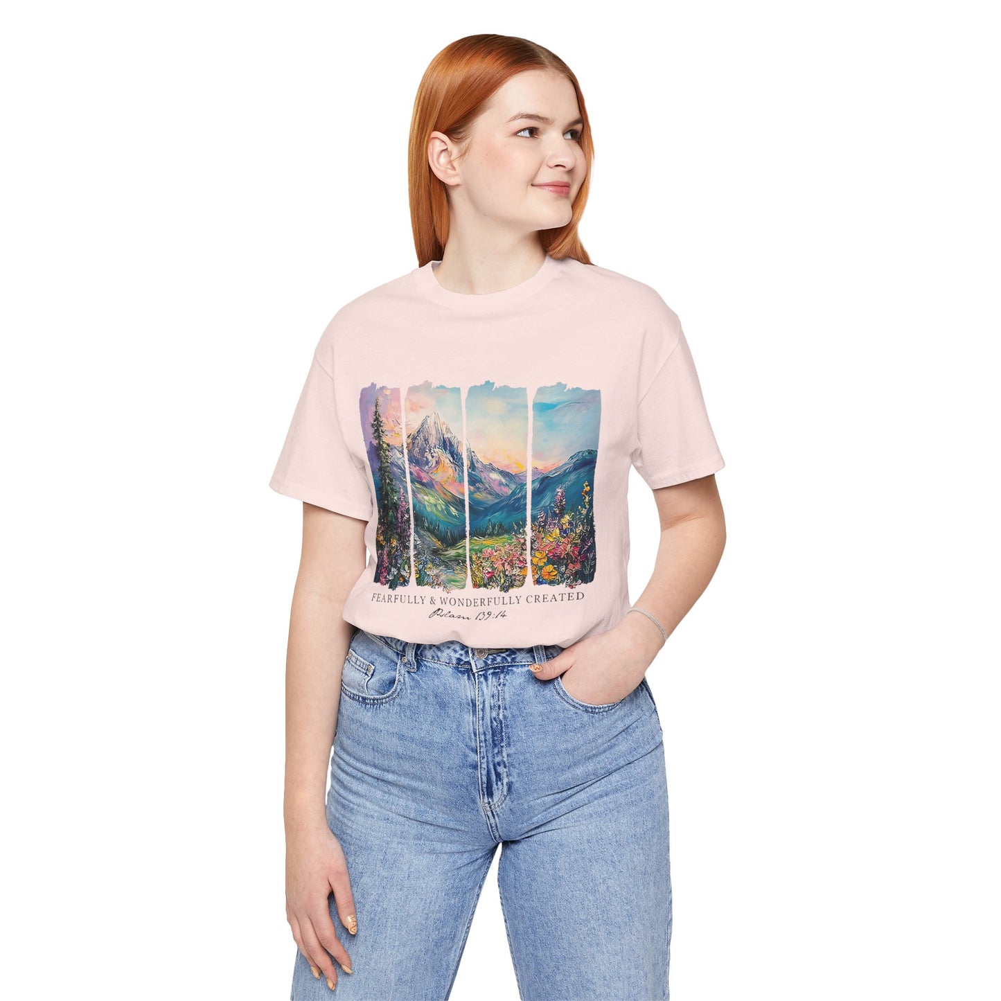 Wonderfully Tee - Peaceful Mountain Scene, Unisex T-Shirt, Nature Lover Apparel, Psalm 1:3 Inspired