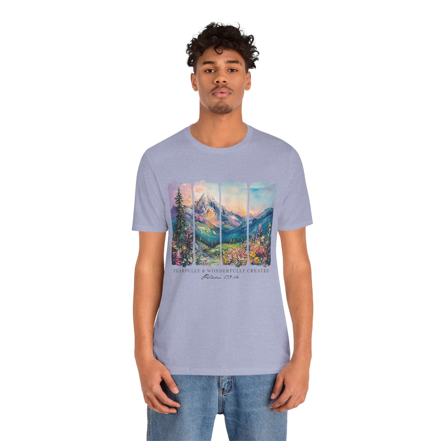 Wonderfully Tee - Peaceful Mountain Scene, Unisex T-Shirt, Nature Lover Apparel, Psalm 1:3 Inspired