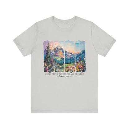 Wonderfully Tee - Peaceful Mountain Scene, Unisex T-Shirt, Nature Lover Apparel, Psalm 1:3 Inspired