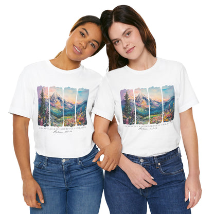 Wonderfully Tee - Peaceful Mountain Scene, Unisex T-Shirt, Nature Lover Apparel, Psalm 1:3 Inspired