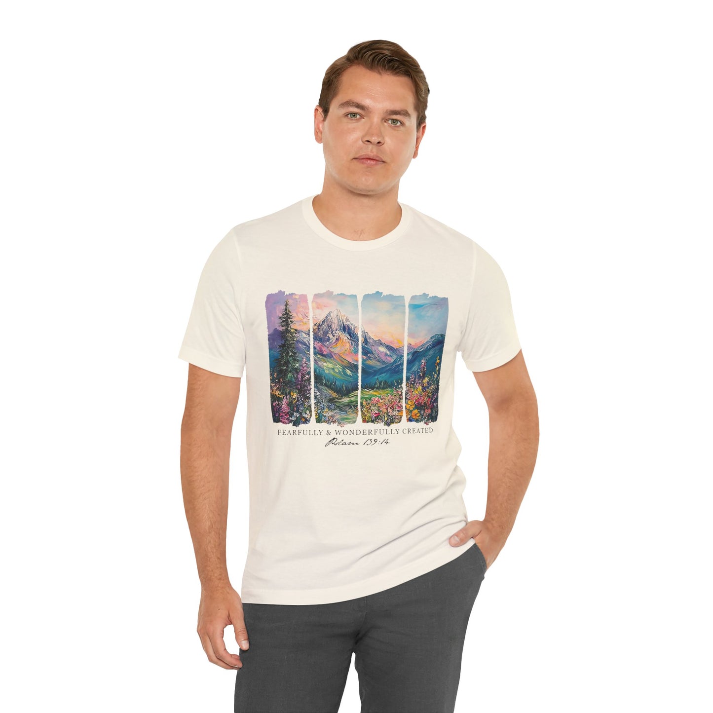 Wonderfully Tee - Peaceful Mountain Scene, Unisex T-Shirt, Nature Lover Apparel, Psalm 1:3 Inspired