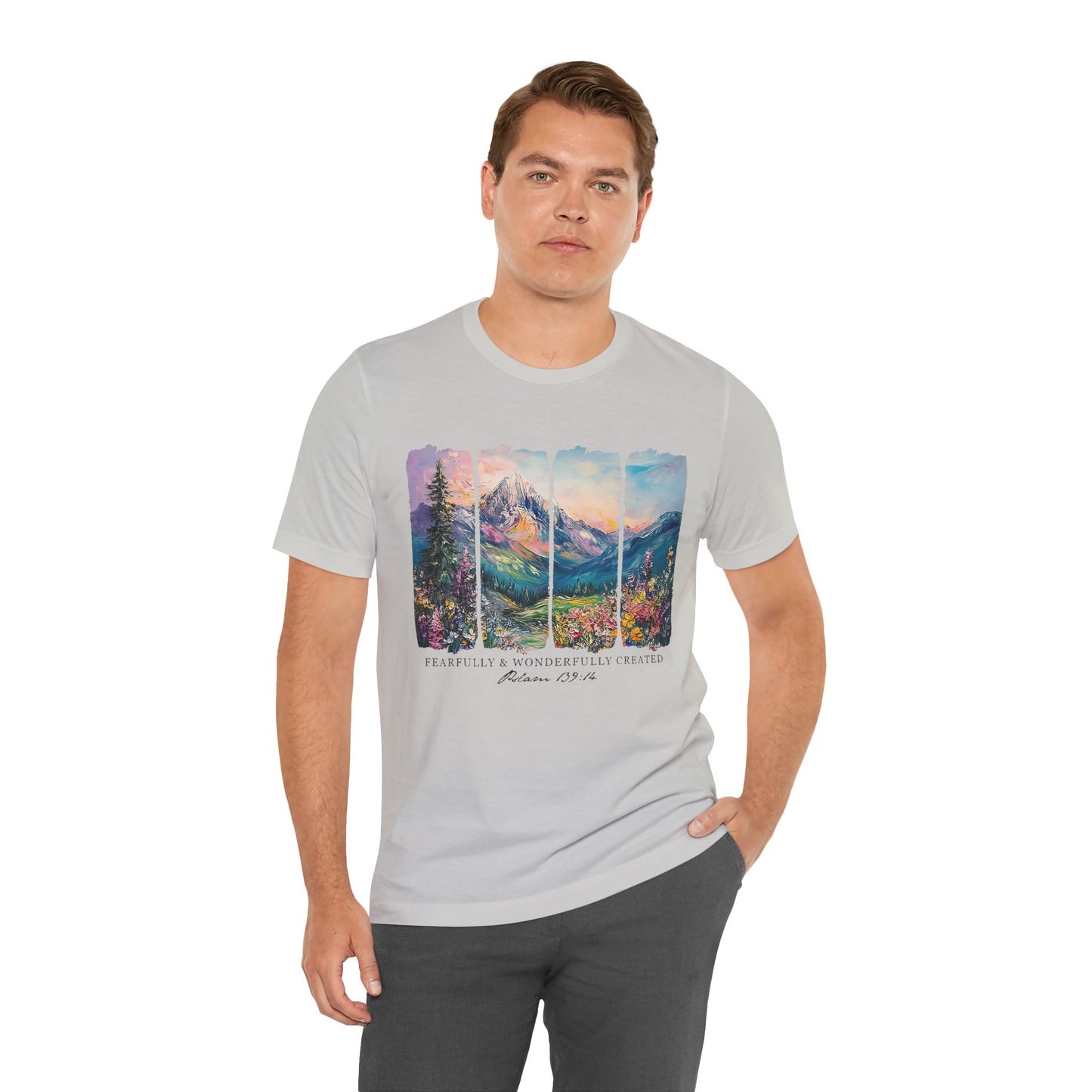 Wonderfully Tee - Peaceful Mountain Scene, Unisex T-Shirt, Nature Lover Apparel, Psalm 1:3 Inspired
