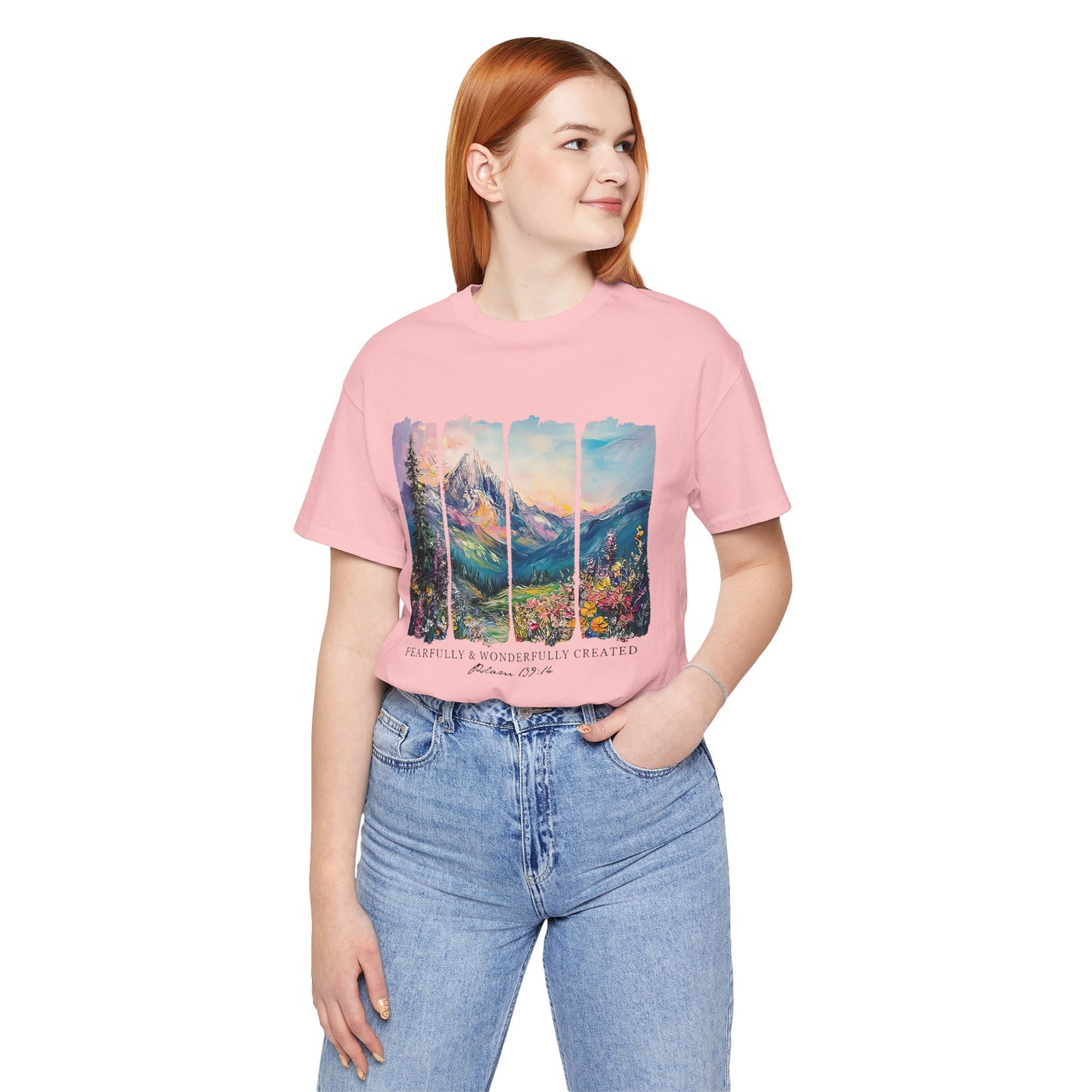 Wonderfully Tee - Peaceful Mountain Scene, Unisex T-Shirt, Nature Lover Apparel, Psalm 1:3 Inspired