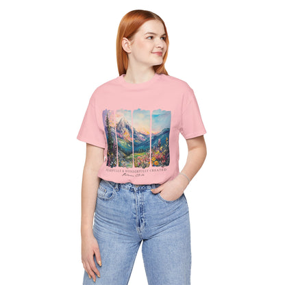 Wonderfully Tee - Peaceful Mountain Scene, Unisex T-Shirt, Nature Lover Apparel, Psalm 1:3 Inspired