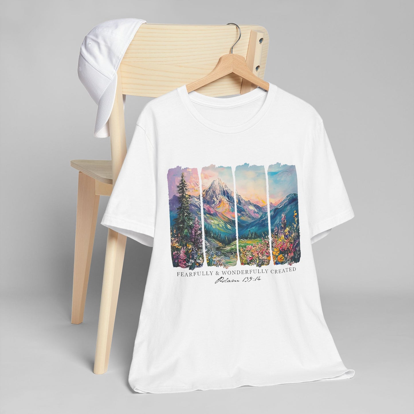 Wonderfully Tee - Peaceful Mountain Scene, Unisex T-Shirt, Nature Lover Apparel, Psalm 1:3 Inspired