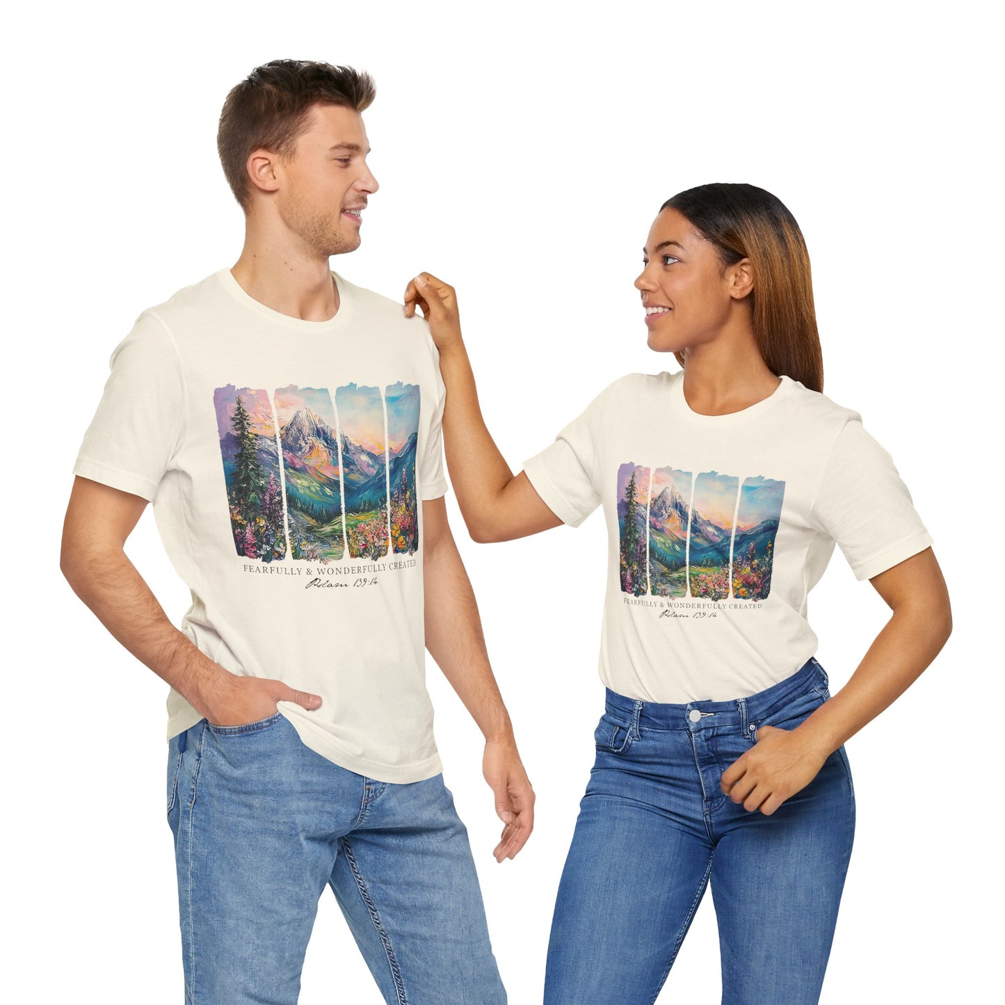 Wonderfully Tee - Peaceful Mountain Scene, Unisex T-Shirt, Nature Lover Apparel, Psalm 1:3 Inspired