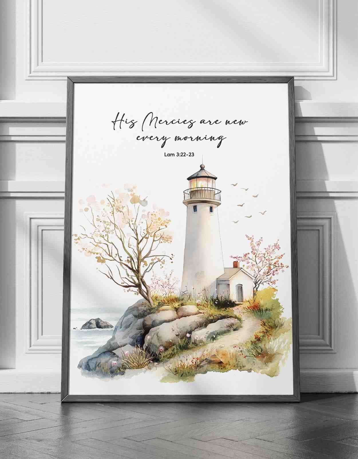 Bible Art Print Lighthouse , His Mercies Are, Lam 3-22-23, , Scripture Wall Art