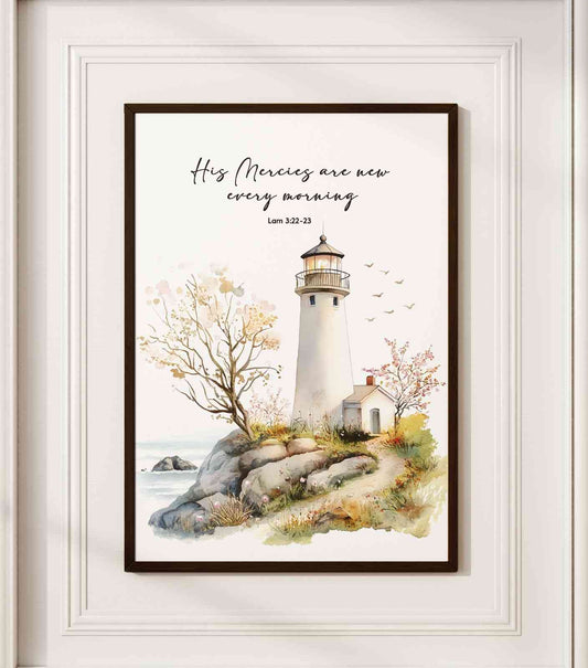 Bible Art Print Lighthouse , His Mercies Are, Lam 3-22-23, , Scripture Wall Art