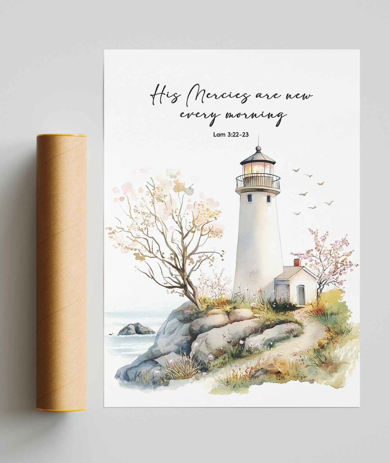 Bible Art Print Lighthouse , His Mercies Are, Lam 3-22-23, , Scripture Wall Art