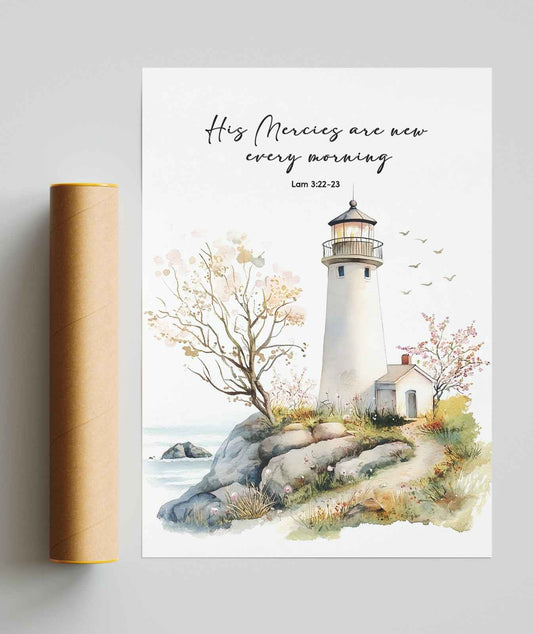Bible Art Print Lighthouse , His Mercies Are, Lam 3-22-23, , Scripture Wall Art