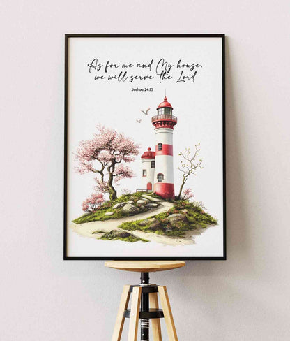 Bible Art Print Lighthouse , As For Me and My House, Joshua 24-15, Scripture Wall Art